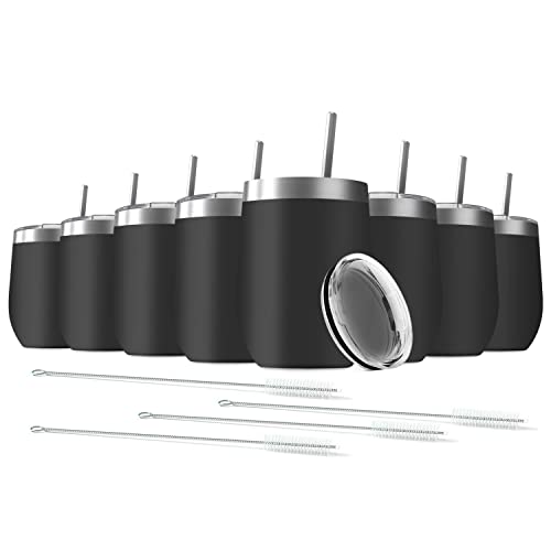 8 Pack 12 oz Stainless Steel Wine Tumbler with Lids, Double Wall Vacuum Insulated Travel Cup Including 8 Straws Set for Coffee, Cocktail, Drink, Tea and Beer (Black)