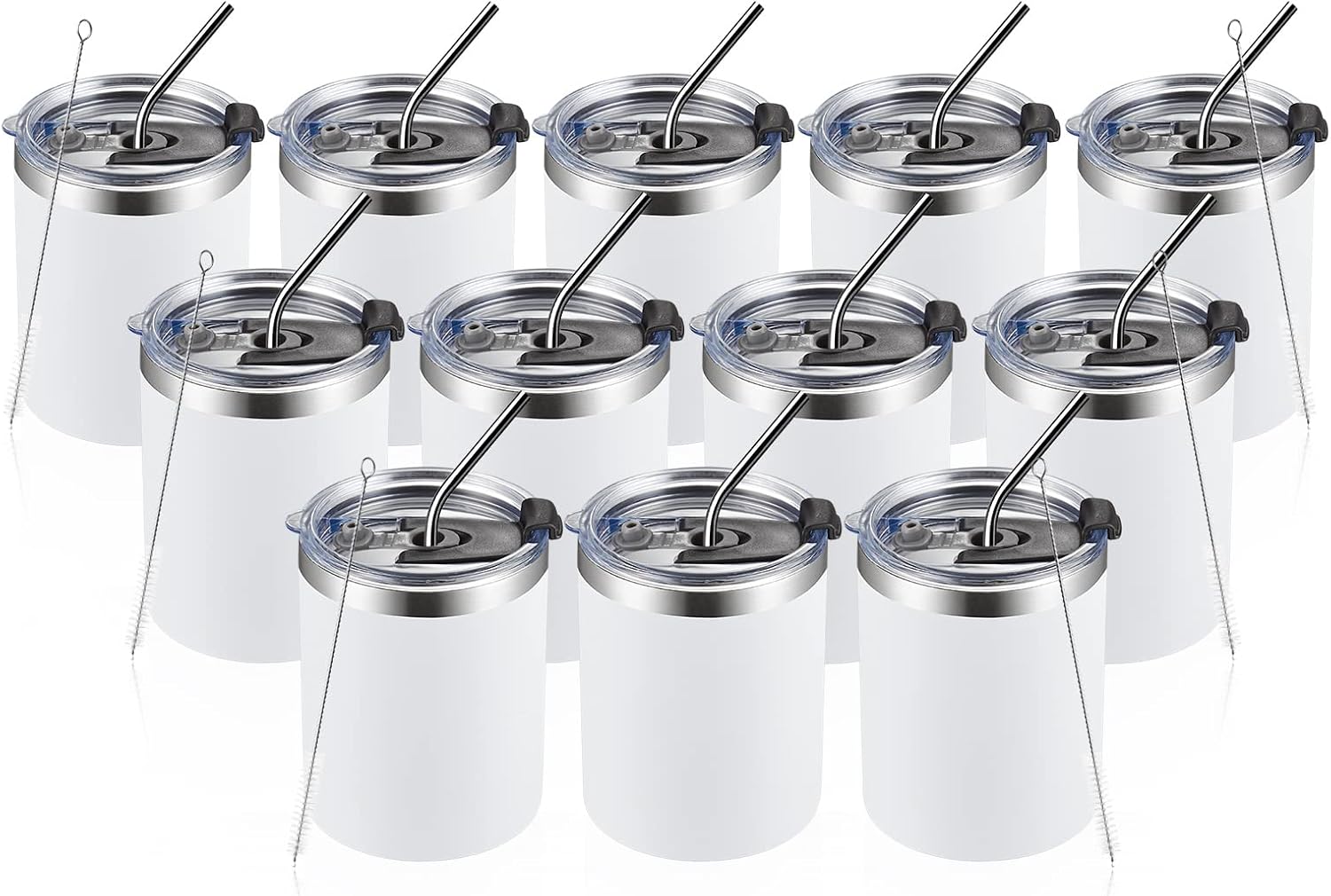 MEWAY 12 oz Lowball, Tumbler Stainless Steel Double Wall Vacuum Insulated Mug with Straw and Lid, Cleaning Brush ,Durable Powder Coated Insulated Coffee Cup for Cold & Hot Drinks (White, 12 pack)