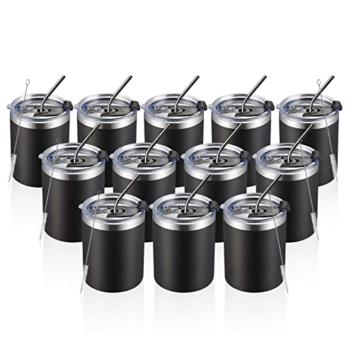 MEWAY 12 oz Lowball, Tumbler Stainless Steel Double Wall Vacuum Insulated Mug with Straw and Lid, Cleaning Brush ,Durable Powder Coated Insulated Coffee Cup for Cold & Hot Drinks (Black, 12 pack)