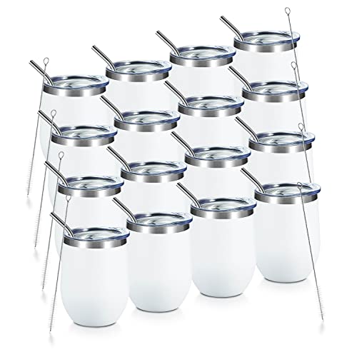 COMOOO 12oz Wine Tumbler with Lid and Straw, Stainless Steel Stemlss Wine Glass, Double Wall Vacuum Insulated Wine Tumbler Cup for Wine, Cocktails, Champaign, White, 16 Pack