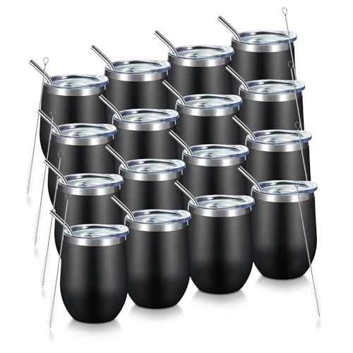 COMOOO 12oz Stainless Steel Wine Tumbler (Black,16 pack)
