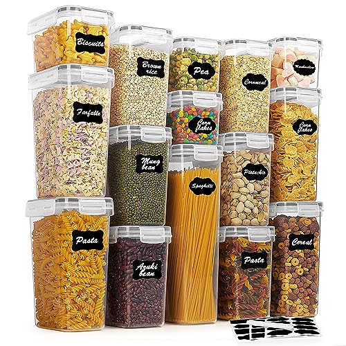 Vtopmart Airtight Food Storage Containers Set with Lids, 15pcs BPA Free Plastic Dry Food Canisters for Kitchen Pantry Organization and Storage, Dishwasher safe,Include 24 Labels, Grey