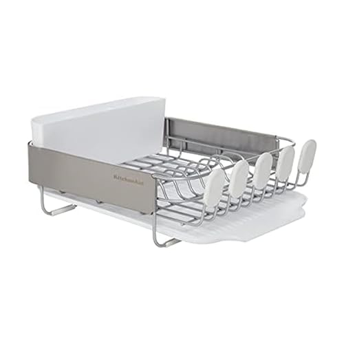 KitchenAid Compact Satin Wire Rust Resistant, Expandable Dish Rack with Angled Self Draining Drainboard with Removable Flatware Caddy, 23.18-Inch, Gray