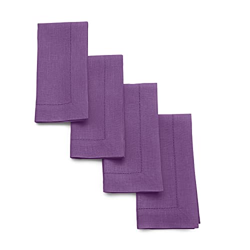 Solino Home Purple Linen Napkins Set of 4-100% Pure Linen Hemstitch Dinner Napkins 20 x 20 Inch for Fall, Autumn, Halloween, Thanksgiving, Holiday - Classic Hemstitch