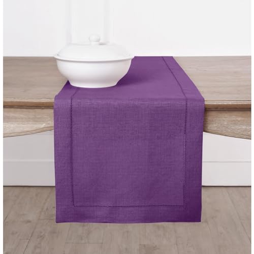 Solino Home Linen Purple Table Runner 108 Inches Long - 100% Pure Linen Hemstitch 14 x 108 Inch Table Runner for Dining, Fall, Autumn, Halloween, Thanksgiving, Holiday - Classic Hemstitch