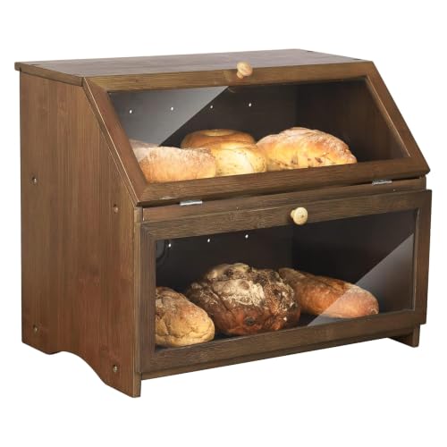 HOMEKOKO Double Layer Large Bread Box for Kitchen Counter, Wooden Large Capacity Bread Storage Bin (Brown)