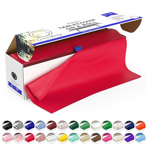 Grandipity Red Premium Disposable Plastic Picnic Tablecloth on a Roll 54 Inch. x 100 Ft. with Self Cutter Box, Decorative Table Cover for Dining Table, Buffet Parties & Camping