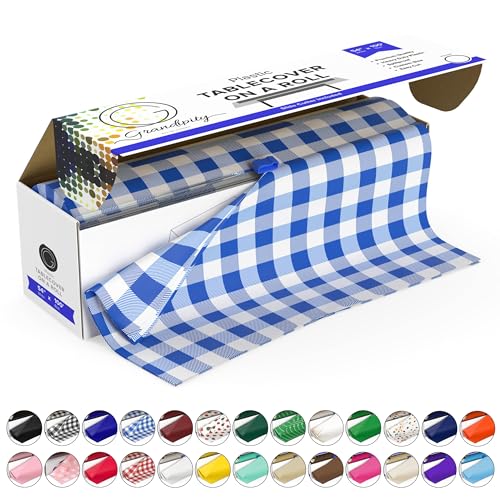 Grandipity Blue Gingham Checkered Premium Disposable Plastic Picnic Tablecloth on a Roll 54 Inch. x 100 Ft. with Self Cutter Box, Decorative Table Cover for Dining Table, Buffet Parties & Camping