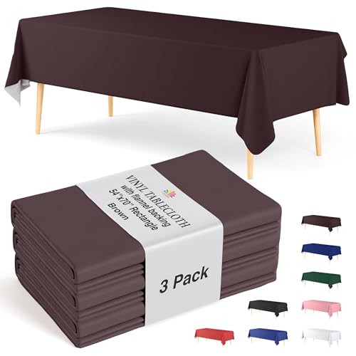 Exquisite Brown Vinyl Tablecloths - 70 in. Round - Pack of 3 Round Tablecloth with Flannel Backing - Plastic, Reusable & Waterproof