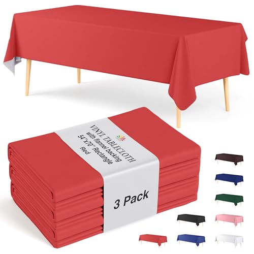 Exquisite Red Vinyl Tablecloths - 70 in. Round - Pack of 3 Round Tablecloth with Flannel Backing - Plastic, Reusable & Waterproof