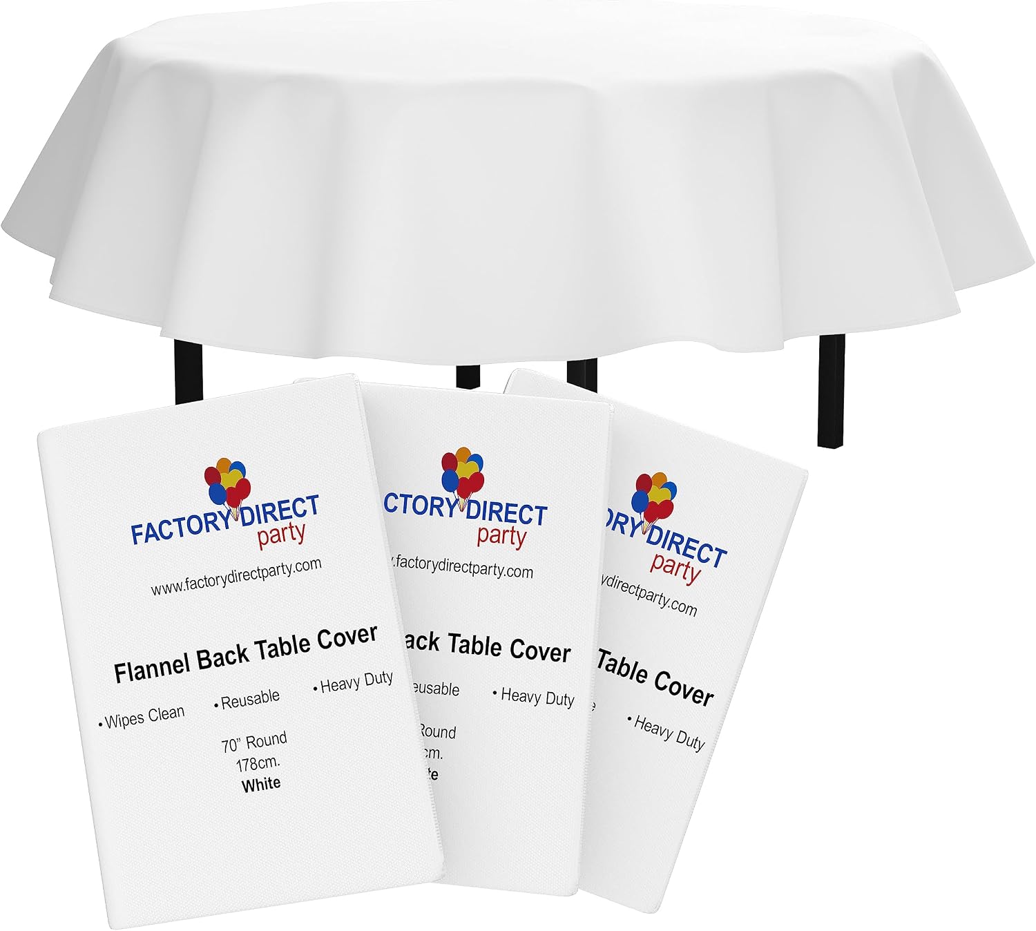 Exquisite White Vinyl Tablecloths - 70 in. Round - Pack of 3 Round Tablecloth with Flannel Backing - Plastic, Reusable & Waterproof