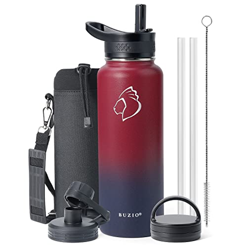 BUZIO 40 oz Water Bottle Insulated with Straw & 3 lid and Carrying Pouch, Leak Proof Anti-Slip Stainless Steel Water Flask Jug, Cold for 48 Hrs Double Vacuum Thermo Canteen, BPA-Free, Ruby Red Navy