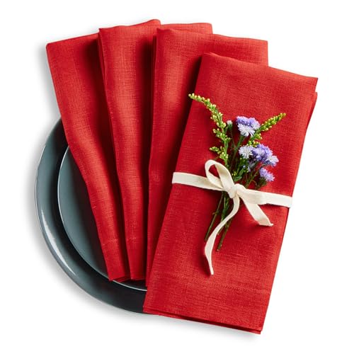 Solino Home Red Linen Napkins Set of 4-100% Pure Linen Cloth Washable Dinner Napkins 20 x 20 Inch for Christmas, Holiday - Fete