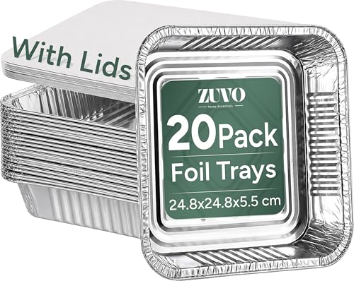 Zuvo Large Disposable Aluminium Foil Trays Containers with Paper Lids 25x25x4 cm, Takeaway Containers Good for Baking Roasting Broiling Cooking Food Storage (20 Trays and Lids)