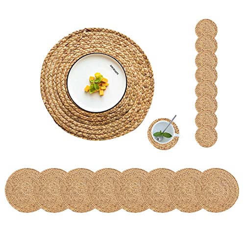 Round Placemats Set of 8 with 8 Coasters Natural Water Hyacinth Woven Placemats Farmhouse Braided Place Mats Boho Straw Placemat Wipeable Wicker Outdoor Place Mats for Patio Table 13.4''
