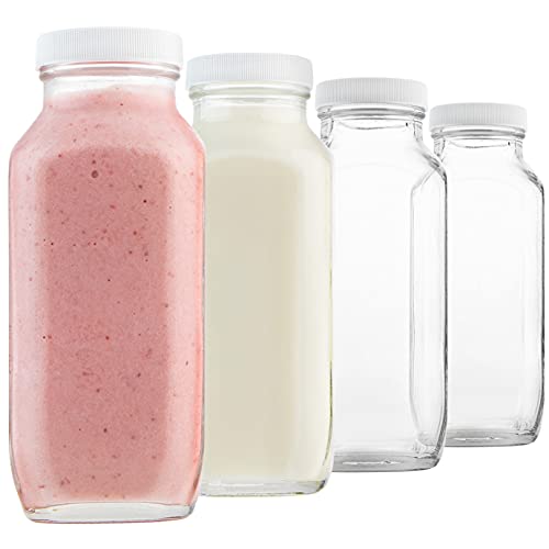 kitchentoolz 16oz Square Glass Milk Bottles with Airtight Plastic Lids  Pack of 4 | Reusable Milk Containers for Fridge & Lunchbox Storage  Ideal for Dairy, Smoothies, Juice, Water & More