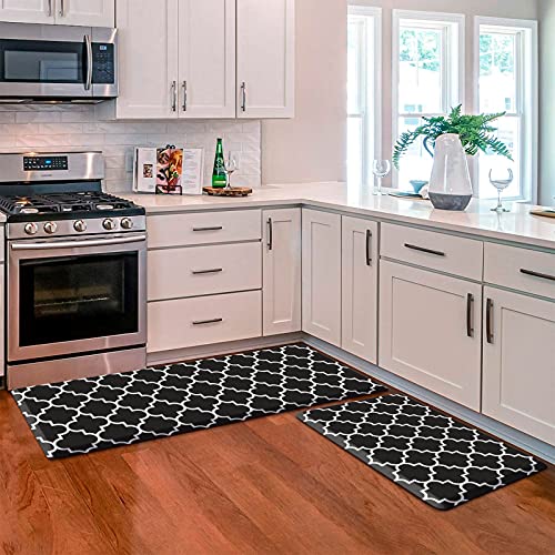 KMAT Kitchen Mat [2 PCS] 0.47inch Cushioned Anti-Fatigue Kitchen Rug, Waterproof Non-Skid Kitchen Mats and Rugs Heavy Duty PVC Ergonomic Comfort Standing Mat for Kitchen, Floor Home, Sink, Black