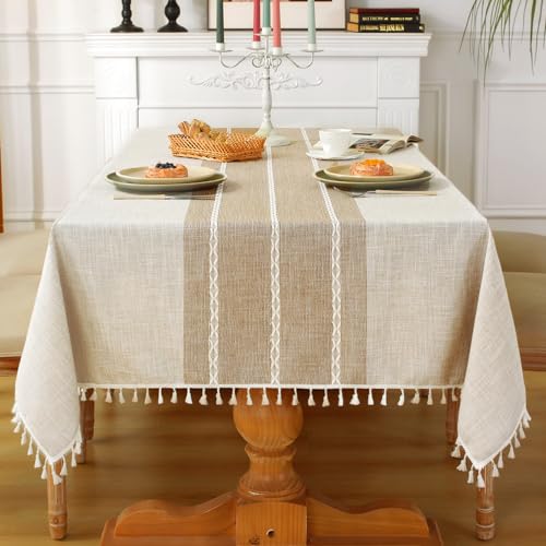 Laolitou Rustic Tablecloth Cotton Linen Waterproof Tablecloths Washable Table Cloths for Kitchen Dining,Party,Holiday,Christmas,Buffet Coffee Lines Rectangle,55''x102'',8-10 Seats