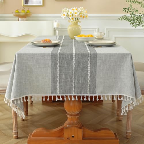 Laolitou Rustic Tablecloth Cotton Linen Waterproof Tablecloths Table Cloths for Kitchen Dining,Party,Holiday,Christmas,Buffet Grey Lines Rectangle,55''x102'',8-10 Seats