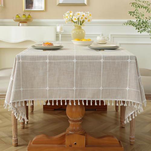 Laolitou Coffee Plaid Tablecloth Rustic Burlap Linen Fabric,Washable Outdoor Table Covers with Tassel,Waterproof Table Cover for Kitchen Dining,Party,Holiday,Christmas,10-12 Seats