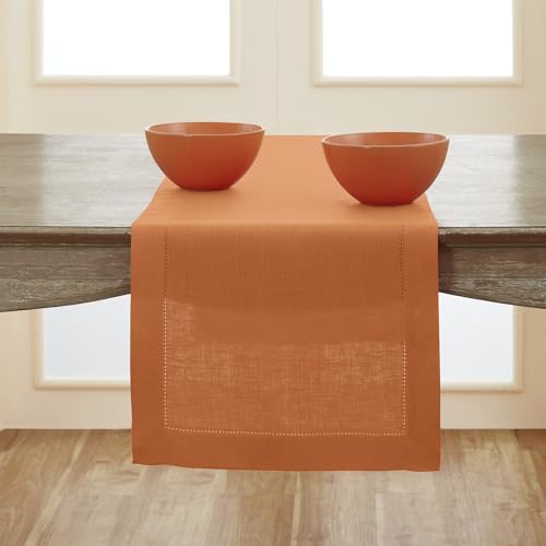Solino Home Linen Pumpkin Table Runner 90 Inches Long - 100% Pure Linen Hemstitch 14 x 90 Inch Table Runner for Dining, Fall, Autumn, Halloween, Thanksgiving, Holiday - Classic Hemstitch