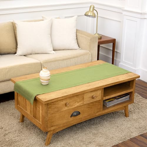 Solino Home Linen Moss Green Hemstitch Table Runner 60 Inches - 100% Pure Linen Small Table Runner 14 x 60 Inch Ideal for Dresser and Coffee Tables - Classic Hemstitch - Fall, Halloween, Thanksgiving
