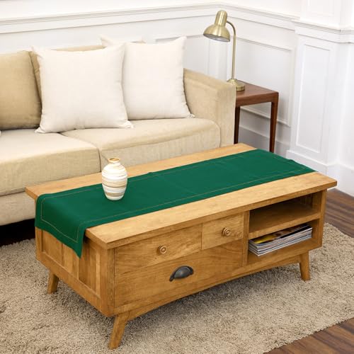 Solino Home Linen Rainforest Green Hemstitch Table Runner 60 Inches - 100% Pure Linen Small Table Runner 14 x 60 Inch Ideal for Dresser and Coffee Tables - Classic Hemstitch - Christmas, Thanksgiving