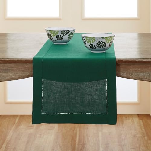 Solino Home Linen Rainforest Green Table Runner 90 Inches Long - 100% Pure Linen Hemstitch 14 x 90 Inch Table Runner for Dining, Fall, Autumn, Thanksgiving, Christmas - Classic Hemstitch