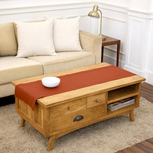 Solino Home Linen Cinnamon Hemstitch Table Runner 60 Inches - 100% Pure Linen Small Table Runner 14 x 60 Inch Ideal for Dresser and Coffee Tables - Classic Hemstitch - Fall, Halloween, Thanksgiving
