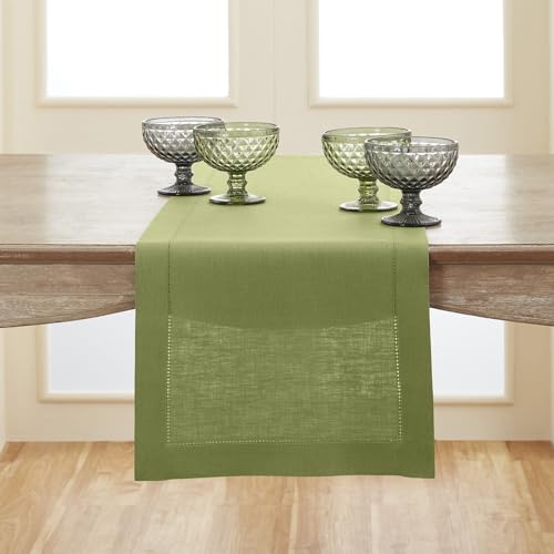 Solino Home Linen Moss Green Table Runner 72 Inches Long - 100% Pure Linen Hemstitch Table Runner 14 x 72 Inch for Dresser, Dining, Fall, Autumn, Halloween, Thanksgiving - Classic Hemstitch
