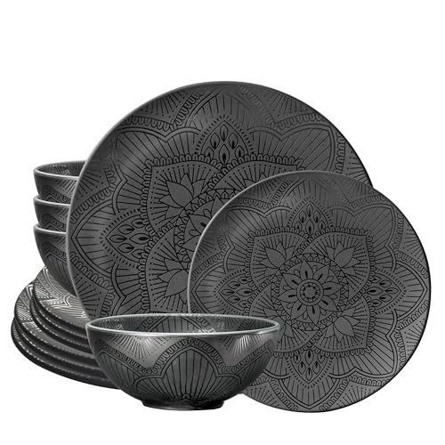 bzyoo 12 Piece Black Melamine Dinnerware Set