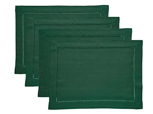 Solino Home Linen Placemats Set of 4 - Classic Hemstitch Rainforest Green Placemats 14 x 19 Inch - 100% Pure Linen Table Mats for Fall, Autumn, Thanksgiving, Christmas, Holiday