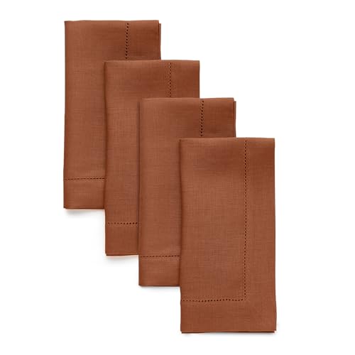 Solino Home Linen Napkins Set of 4 - Classic Hemstitch 100% Pure Linen Cinnamon Dinner Napkins Cloth 20 x 20 Inch for Fall, Autumn, Halloween, Thanksgiving - Handcrafted and Machine Washable