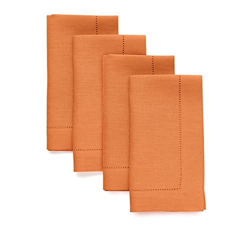 Solino Home Linen Napkins Set of 4 - Classic Hemstitch 100% Pure Linen Pumpkin Dinner Napkins Cloth 20 x 20 Inch for Fall, Autumn, Halloween, Thanksgiving, Holiday - Handcrafted and Machine Washable