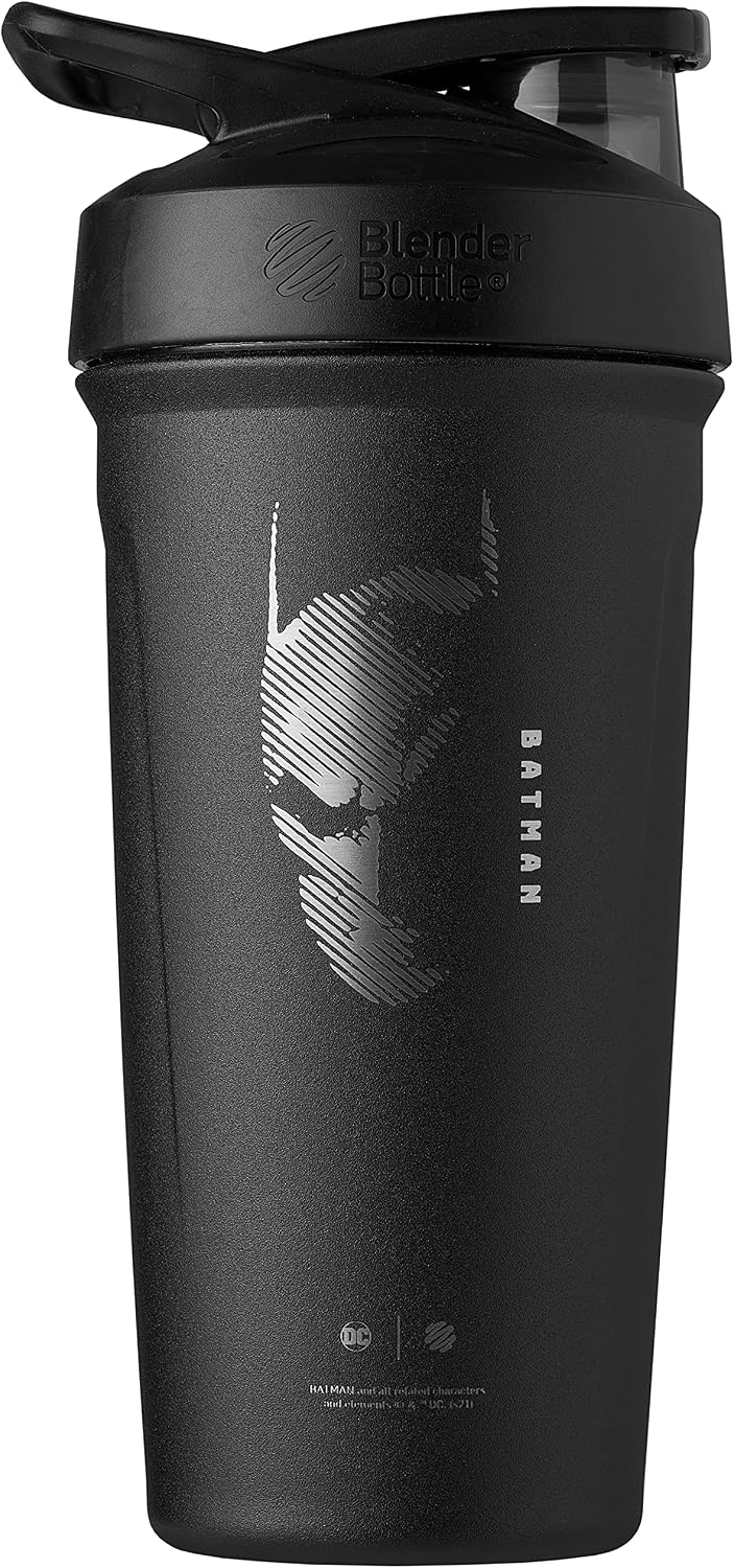 BlenderBottle Justice League Sport Insulated Stainless Steel Shaker Bottle with Wire Whisk, 24-Ounce, Batman  Protein Shakes & Hydration for Athletes & Fitness Enthusiasts, Easy Mixing, Keeps Drinks Cold, Lockable Lid