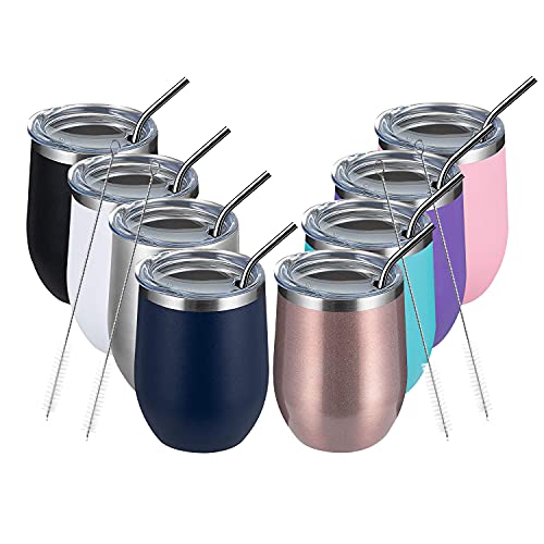 MEWAY 12oz Wine Tumbler Mix Color 8 Pack Bulk Gifts for Women, Vacuum Stainless Steel Travel Mug with Lid,Insulated Stemless Wine Cup Glass for Coffee,Cocktails,Drinks(Mix,Set of 8)