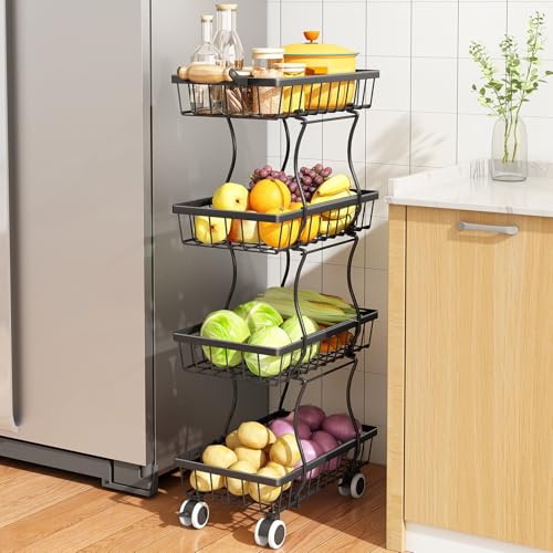 Fruit Basket Kitchen Pantry Organizers and Storage - 4 Tier Stackable Metal Wire Basket Stand for Fruit Vegetable Snacks Jars Bins Containers Organization, Black