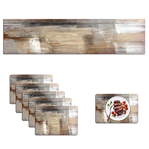 Mcalk Brown Table Runner and Placemats Set of 6 Pieces, Beige Placemats Modern Art,Abstract Art Cloth Place Mats Indoor for Kitchen,Washable Placemats Linen Material for Dining Table