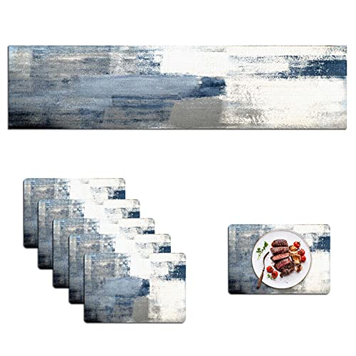 Mcalk Dusty Blue Table Runner and Placemats Set of 6 Pieces, Pink Flower Placemats Modern Art,Abstract Art Cloth Place Mats Indoor for Kitchen,Washable Placemats Linen Material for Dining Table
