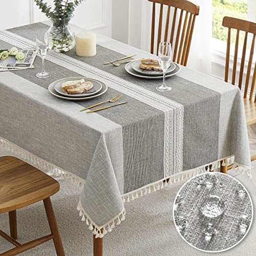 QIANQUHUI Embroidered Tablecloth for Dining Table,Dust Proof Spillproof Soil Resistant Cotton Linen Rectangle Table Cloths (Grey Lines, Rectangle/Oblong, 55'x102'', 8-10 Seats)