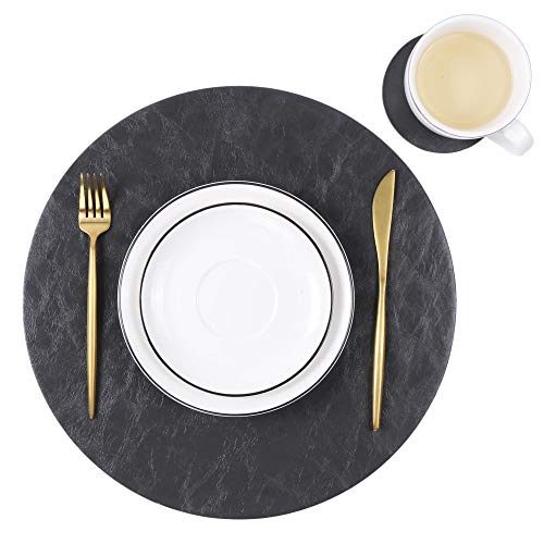 Set of 6 Embossed PU Leather Placemats, Waterproof Coffee Coasters, Kitchen Table Mats, Easy to Wipe Off for Dining Round Table