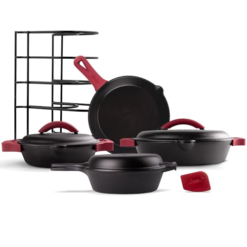 Cuisinel Cast Iron 16-Piece Pre-Seasoned Cookware Set - 8" + 12" Braiser Pans + Cast Iron Lids + 10" Skillet + 2-in-1 Multi-Cooker + 12" Organizer + Scraper + Silicone Handle Covers - Fire or Oven Use
