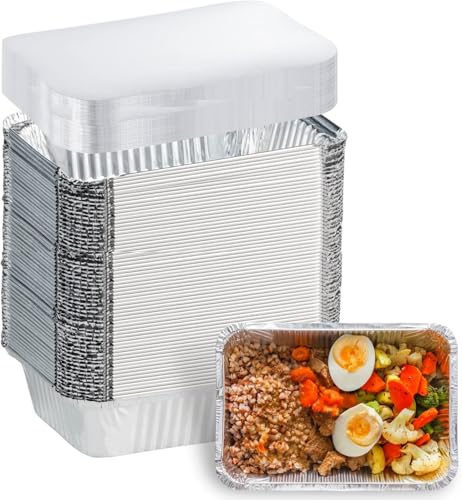100 Pack Aluminum Foil Pans Disposable - 8.5"6"2" Foil Food Containers with Lids - 2.25 LB Heavy Duty Tin Foil Pans - for Cooking, Baking, Meal Prep and Freezer
