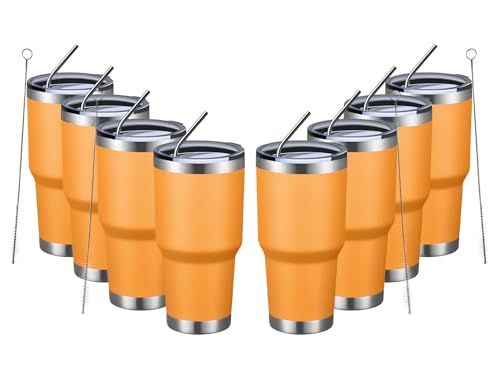 MEWAY 30oz Insulated Tumbler With Lids and Straws,Stainless Steel Double Vacuum Coffee Tumbler Cup, Brush, Durable Powder Coated Coffee Cup for Cold & Hot Drinks, Office, Travel(Orange,8 PACK)