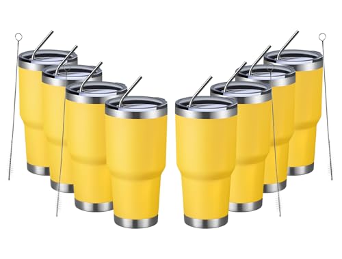 MEWAY 30oz Insulated Tumbler With Lids and Straws,Stainless Steel Double Vacuum Coffee Tumbler Cup, Brush, Durable Powder Coated Coffee Cup for Cold & Hot Drinks, Office, Travel(Yellow,8 PACK)
