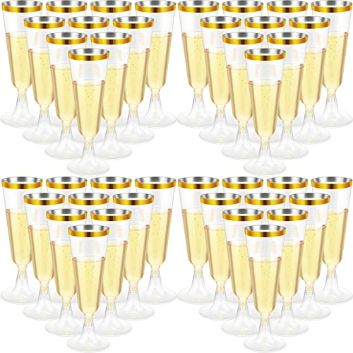 150 Pcs Gold Plastic Champagne Flutes - Clear Disposable Crystal Wine Glasses for Wedding Toasting, Party Cocktail Cups