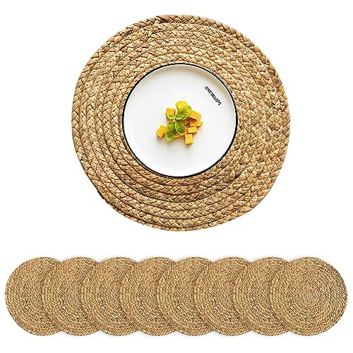 Round Placemats Set of 8 Natural Woven Rattan Placemats, Braided Boho Farmhouse Place Mats Heat Resistant Dining Table Mats Straw Placemat Wicker Outdoor Placemat for Patio Table 13.4''