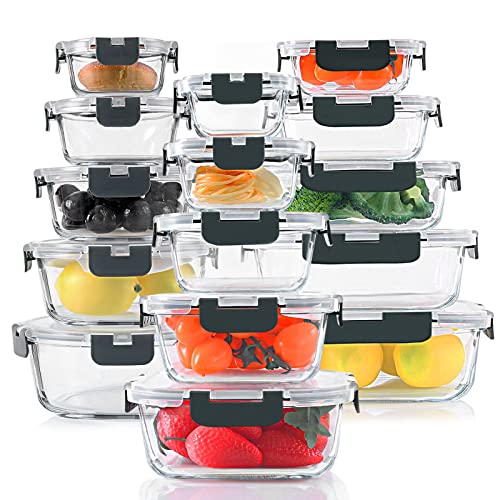 KOMUEE 30 Pieces Glass Food Storage Containers Set (Gray)