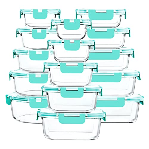 M MCIRCO 30 Pieces Glass Food Storage Containers with Upgraded Snap Locking Lids,Glass Meal Prep Set - Airtight Lunch Containers, Microwave, Oven and Dishwasher Friendly (Green)