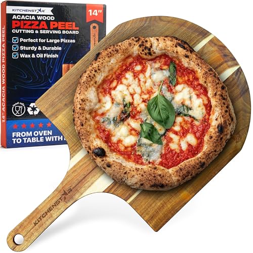 KitchenStar 14-Inch Acacia Wood Pizza Peel  Large Wooden Cutting & Serving Board with Handle  Natural Oil Finish  Ideal Pizza Oven Accessory for Easy Sliding & Prep